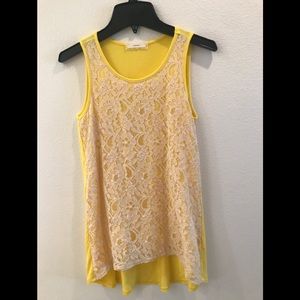 Yellow tank top with white lace on front